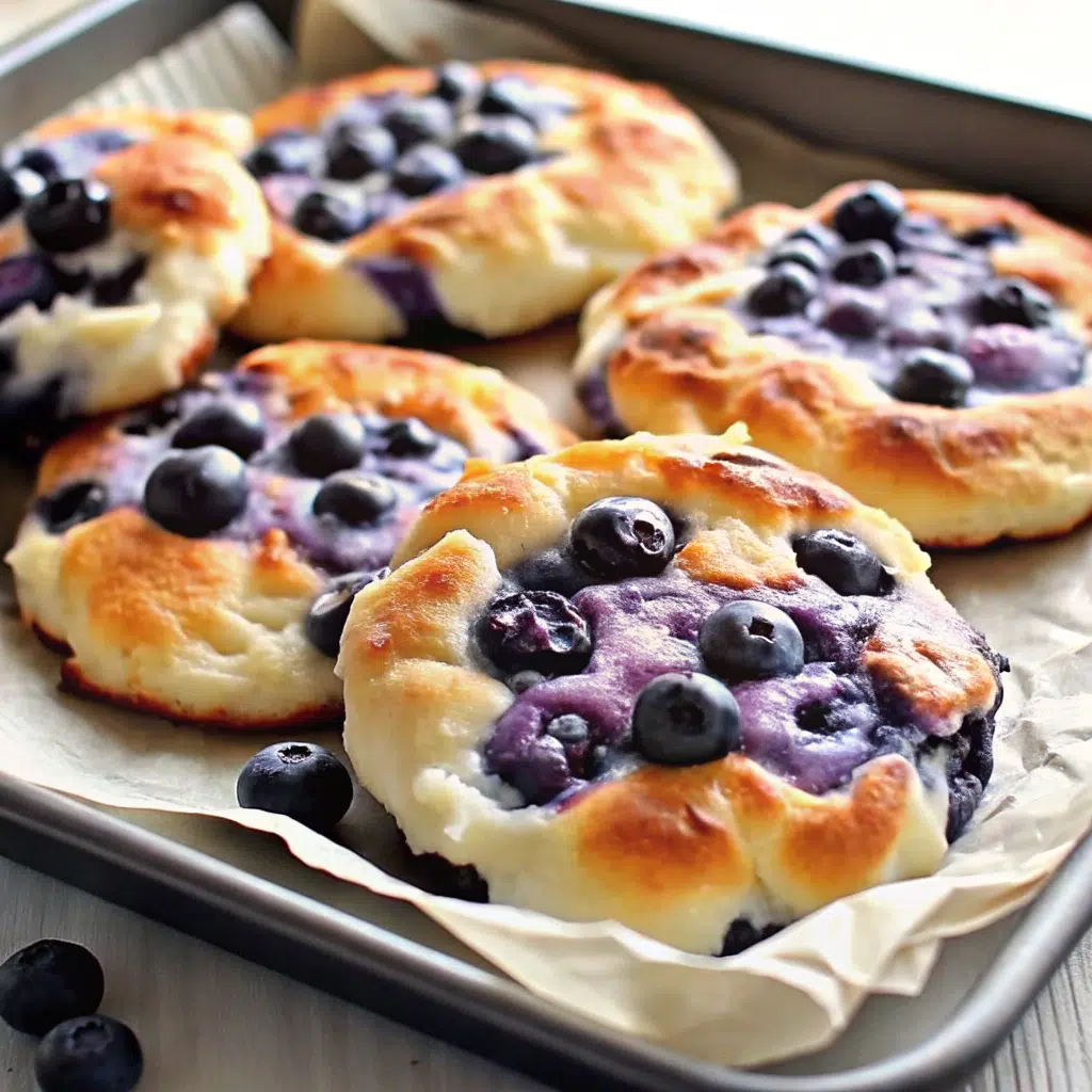 The Fluffiest Cottage Cheese Blueberry Cloud Bread 9 Golden, fluffy cottage cheese blueberry cloud bread pieces cooling on parchment paper with scattered fresh blueberries and a rustic wooden spoon nearby