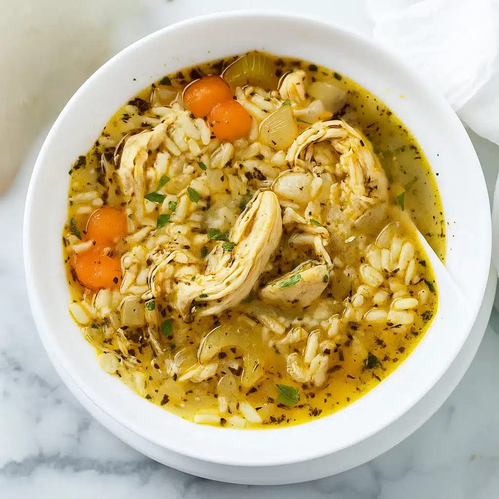 Easy Chicken and Rice Soup 9 A steaming bowl of homemade chicken and rice soup with tender vegetables and shredded chicken in a rich, golden broth, garnished with fresh parsley