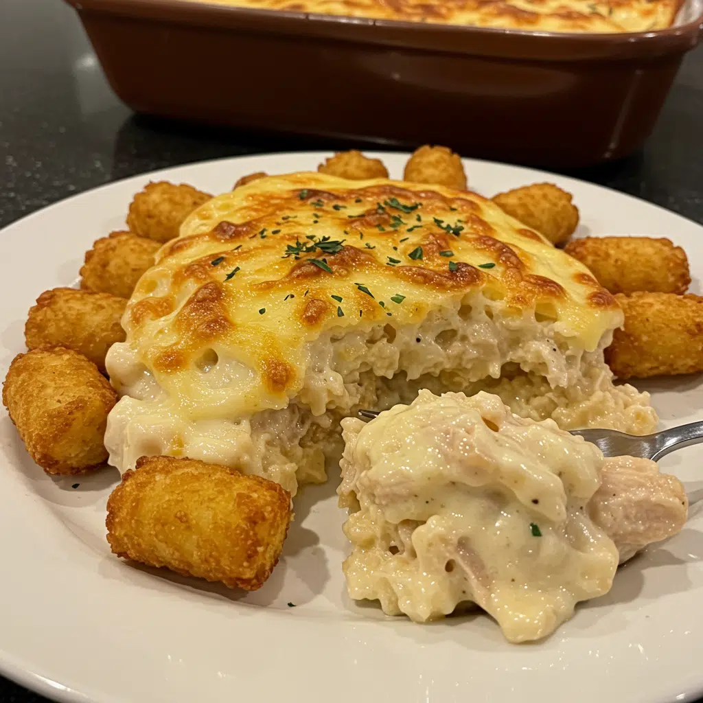 Chicken Alfredo Tater Tot Casserole 12 Golden brown tater tot casserole with melted cheese and fresh parsley garnish in a white baking dish