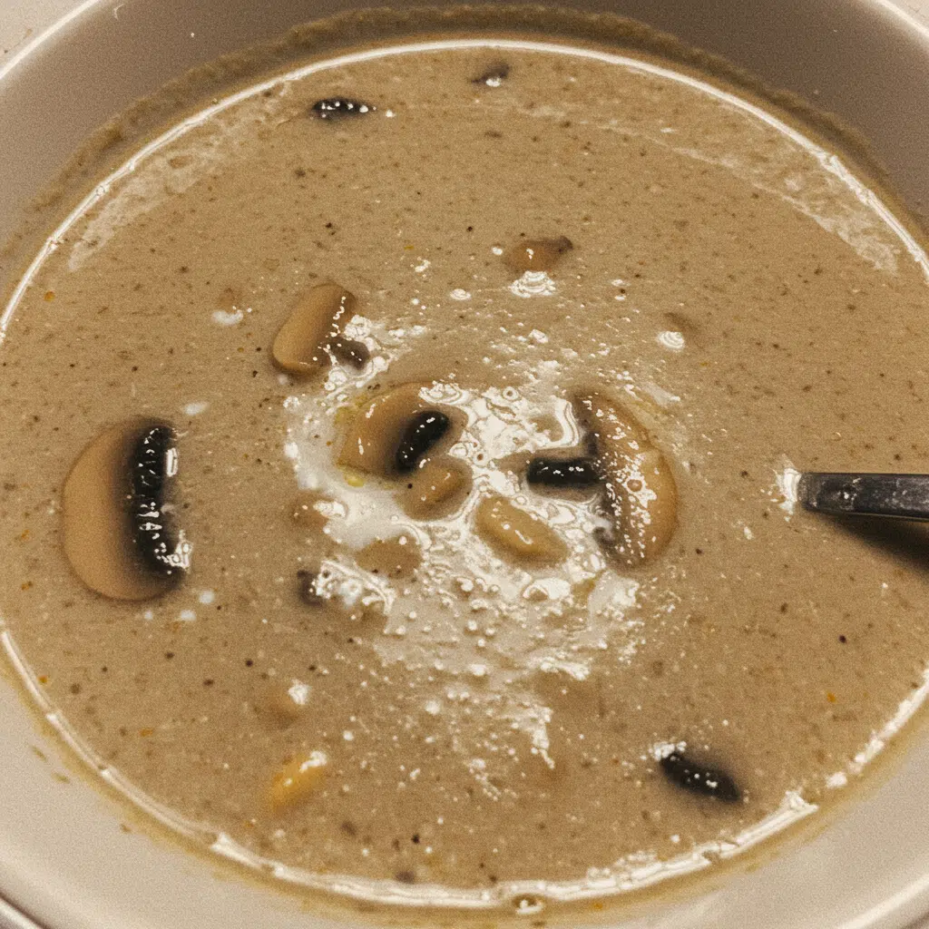 Mushroom Soup Recipe 9 Creamy homemade mushroom soup in white bowls garnished with fresh parsley, served with crusty bread