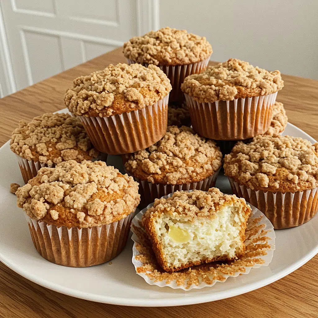 Apple Crumble Muffins 9 Golden brown apple crumble muffins with chunky cinnamon crumble topping, fresh diced apples visible in the tender muffin base, arranged on a wire cooling rack