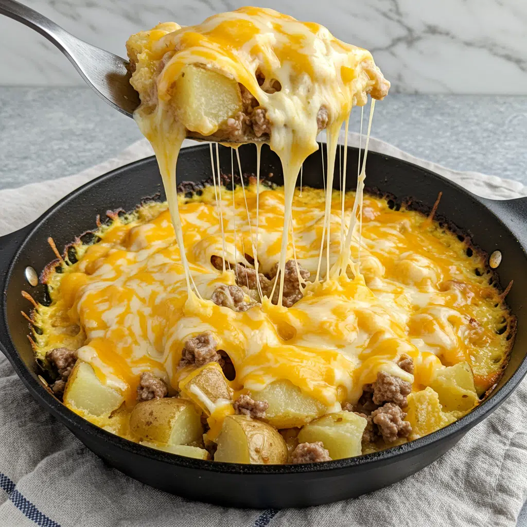 One Pan Cheesy Meat and Potato Skillet 12 One Pan Cheesy Meat and Potato Skillet - crispy potatoes, seasoned ground beef, melted cheese all cooked together
