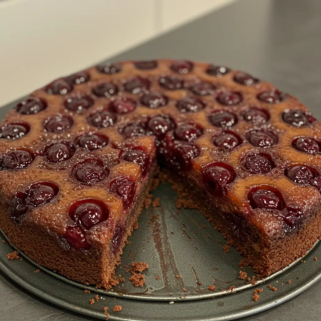 Irresistible Chocolate Cherry Upside Down Cake 9 Chocolate cherry upside down cake on white plate showing glossy red cherries on top of rich chocolate cake with optional chocolate ganache drizzle