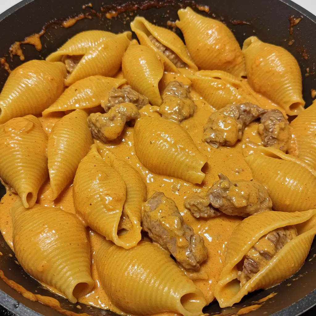 Creamy Paprika Steak Shells 9 paprika steak shells in creamy orange sauce, sprinkled with green parsley