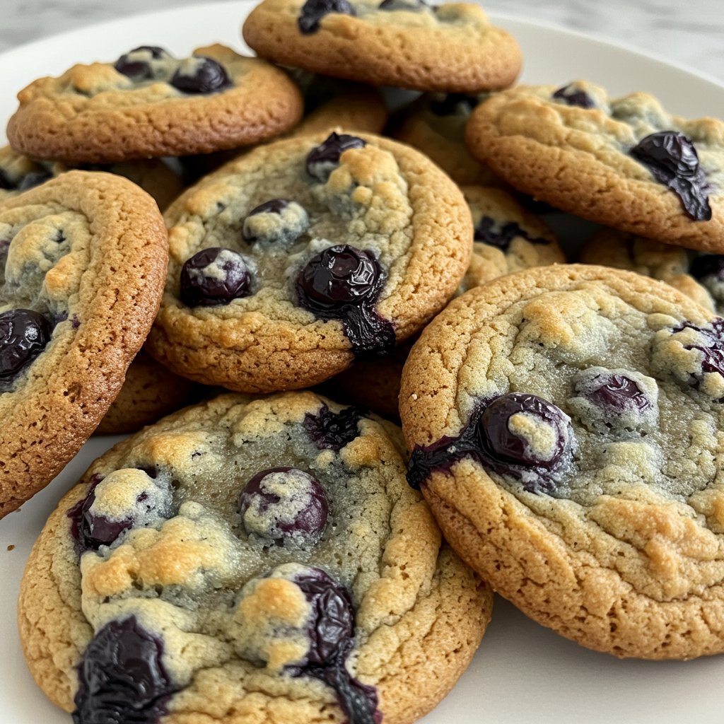 Chewy Blueberry Cookies 9 Golden brown chewy blueberry cookies cooling on a wire rack, studded with plump fresh blueberries