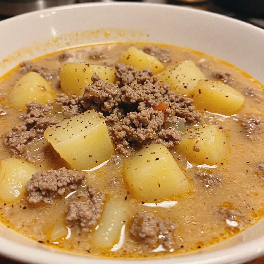 Hamburger Potato Soup 9 A steaming bowl of creamy hamburger potato soup garnished with shredded cheese and green onions
