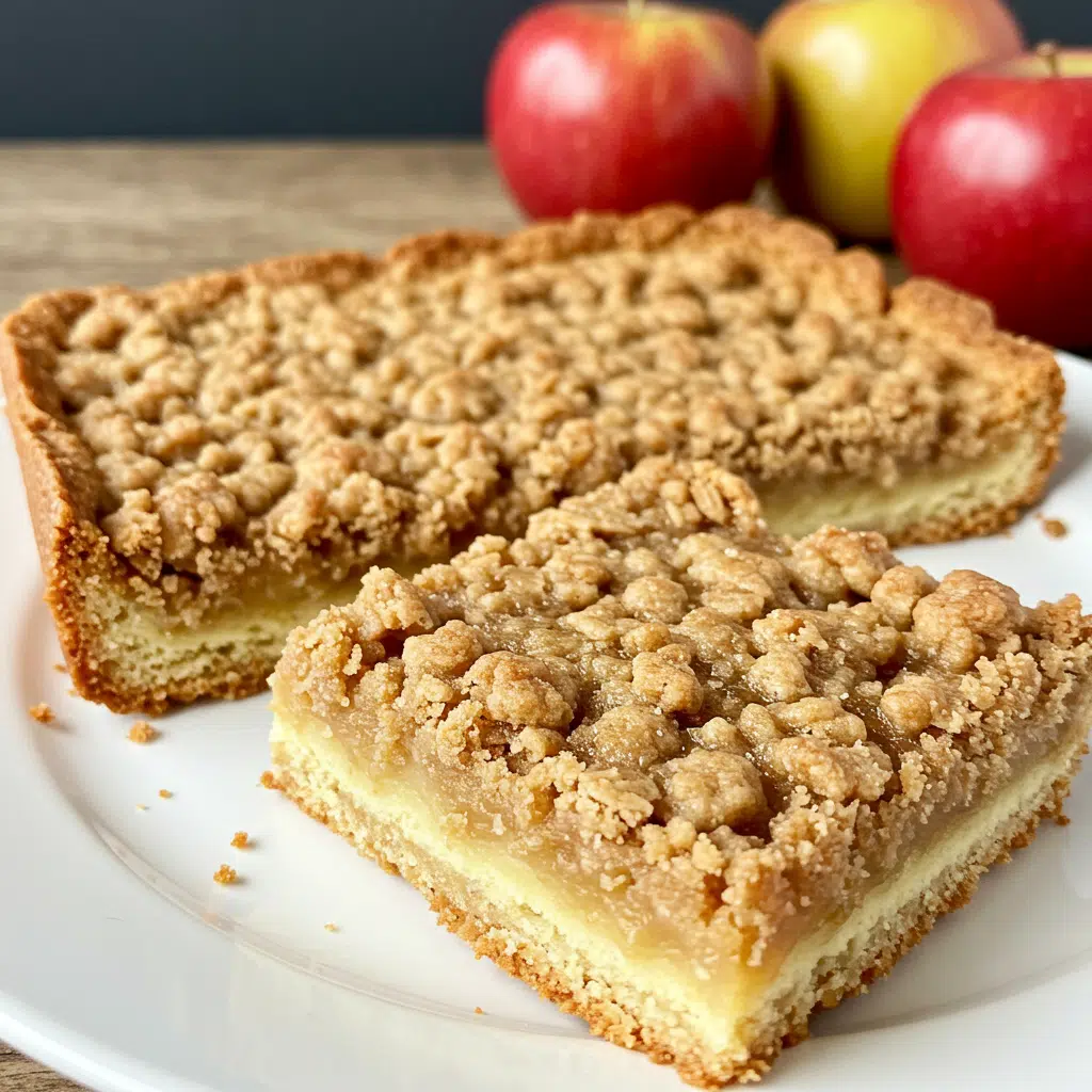 Apple Crisp Shortbread Bars 9 Golden brown apple crisp shortbread bars with three distinct layers - buttery shortbread base, spiced apple middle, and crumbly oat topping, cut into squares and displayed on a white serving plate.