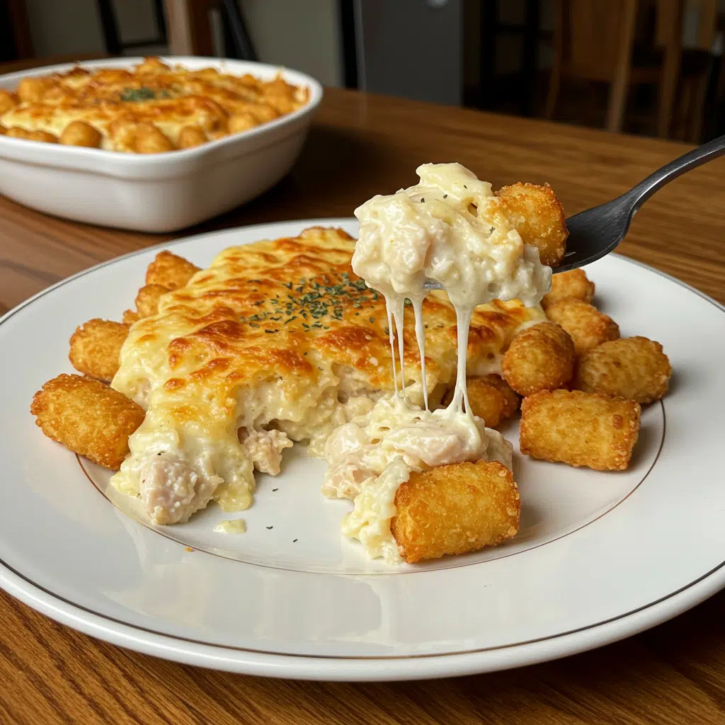 Chicken Alfredo Tater Tot Casserole 11 Golden brown tater tot casserole with melted cheese and fresh parsley garnish in a white baking dish