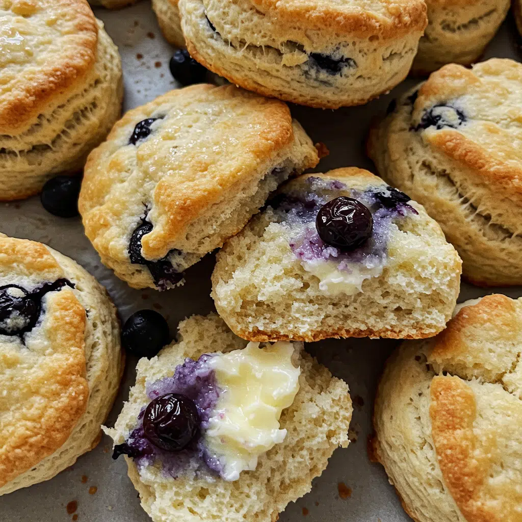 Blueberry Biscuits 12 Golden brown fluffy blueberry biscuits on a white plate with fresh blueberries scattered around