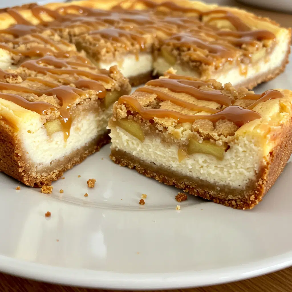 Caramel Apple Cheesecake Bars 11 Golden caramel apple cheesecake bars with streusel topping and caramel drizzle, cut into squares and arranged on a white serving platter