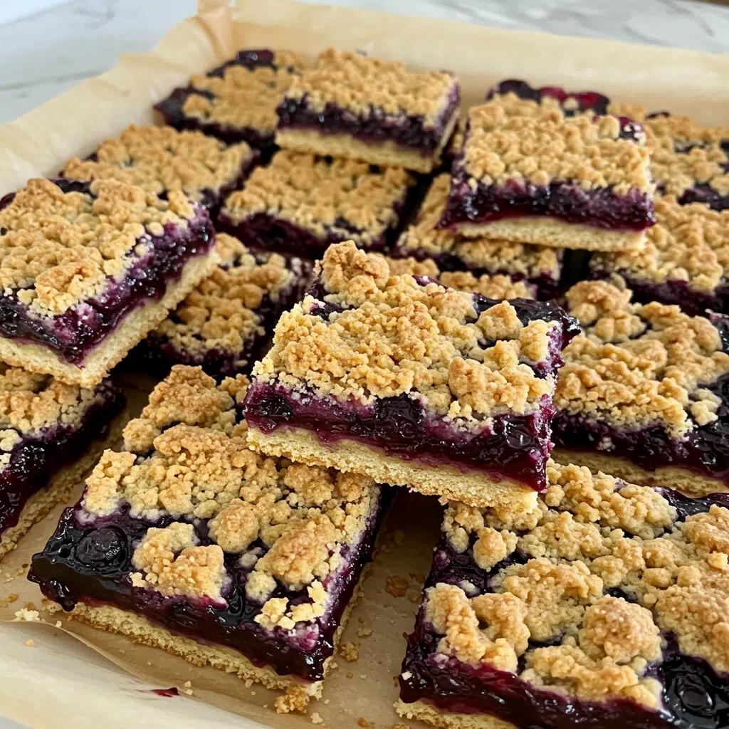 Blueberry Crumble Bars 11 Golden brown blueberry crumble bars cut into squares, showing layers of buttery crust, juicy blueberry filling, and crumbly topping