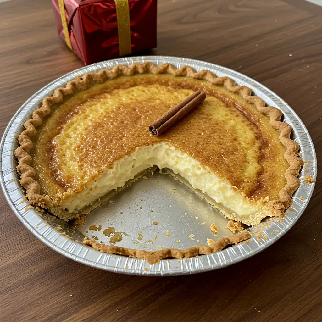 Christmas Eve Cinnamon Vanilla Creamy Custard Pie 9 golden Christmas Eve Cinnamon-Vanilla Creamy Custard Pie on a white plate, topped with whipped cream and a dusting of cinnamon, with the whole pie visible in the background
