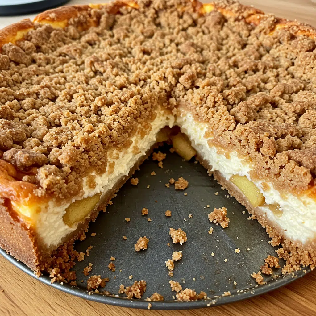 Apple Crumble Cheesecake 9 apple crumble cheesecake on a white plate, showing distinct layers of graham cracker crust, creamy cheesecake filling, cinnamon-spiced apple chunks, and golden brown crumble topping, drizzled with caramel sauce