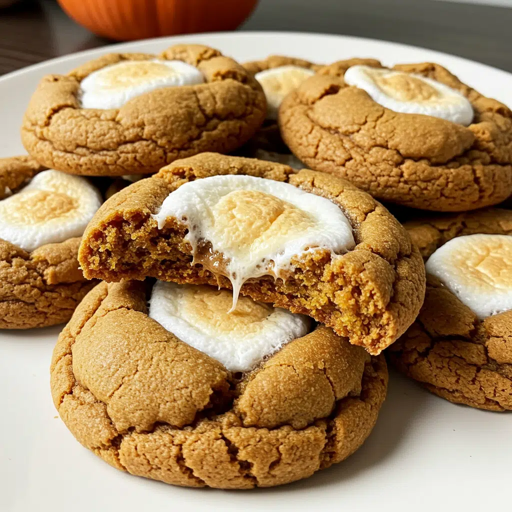 Pumpkin S'mores Cookies 9 Golden-brown pumpkin S'mores cookies loaded with melted marshmallows, chocolate chips, and graham cracker crumbs on a white plate