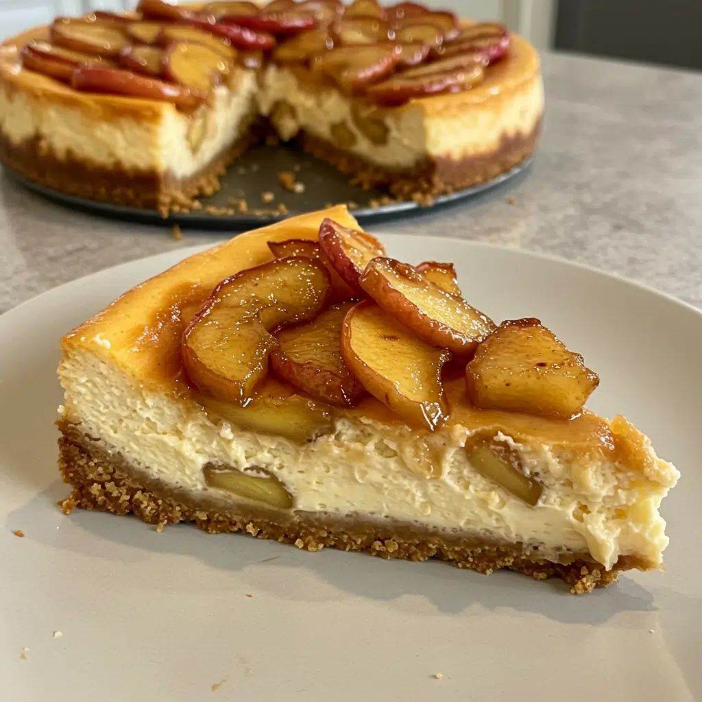 Caramel Apple Pie Cheesecake 9 A slice of caramel apple pie cheesecake on a white plate, showing layers of graham cracker crust, creamy cheesecake filling studded with cinnamon apples, topped with golden streusel and drizzled with salted caramel sauce.
