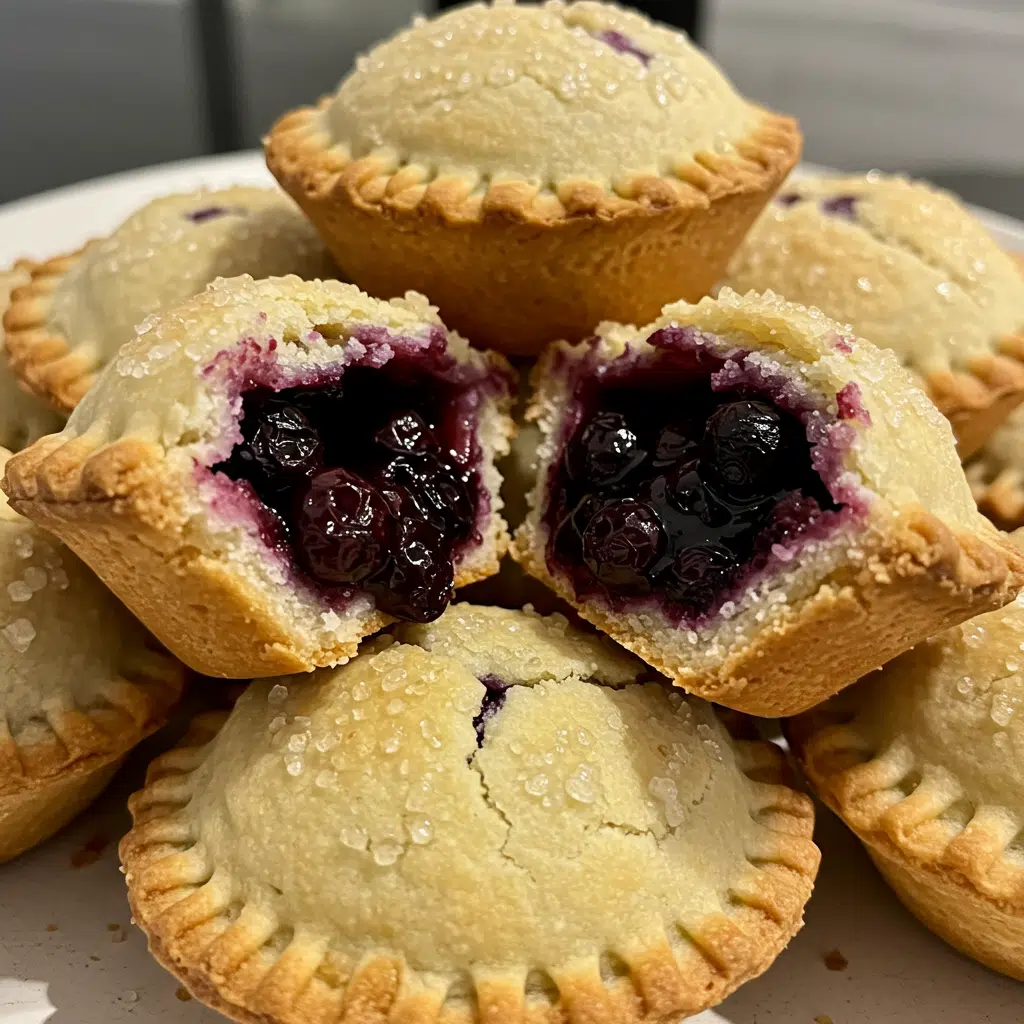 Blueberry Pie Bombs 9 Golden brown blueberry pie bombs arranged on a white plate, with one bomb broken open to show the purple blueberry filling inside
