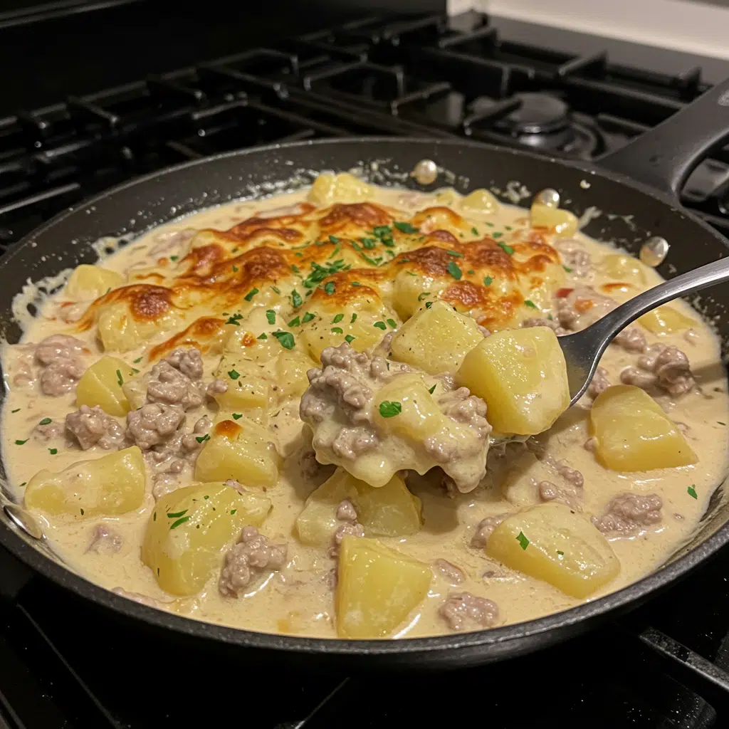 One Pan Creamy Meat and Potato Skillet 9 A close-up photo of a One Pan Creamy Meat and Potato Skillet garnished with fresh herbs