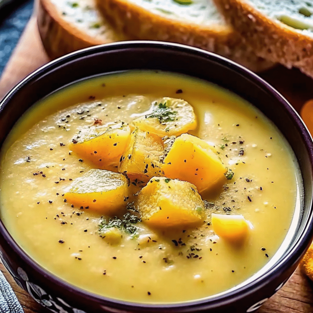 Cheddar Garlic Herb Potato Soup 9 A bowl of creamy, golden cheddar garlic herb potato soup garnished with fresh parsley, served alongside crusty bread with a spoon resting in the bowl.