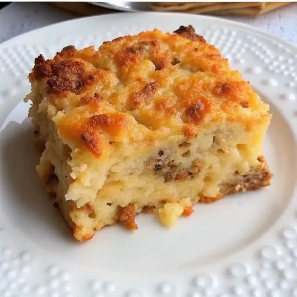 Golden breakfast butter swim biscuits in square baking dish with melted butter bubbling around edges, loaded with breakfast sausage and cheddar cheese