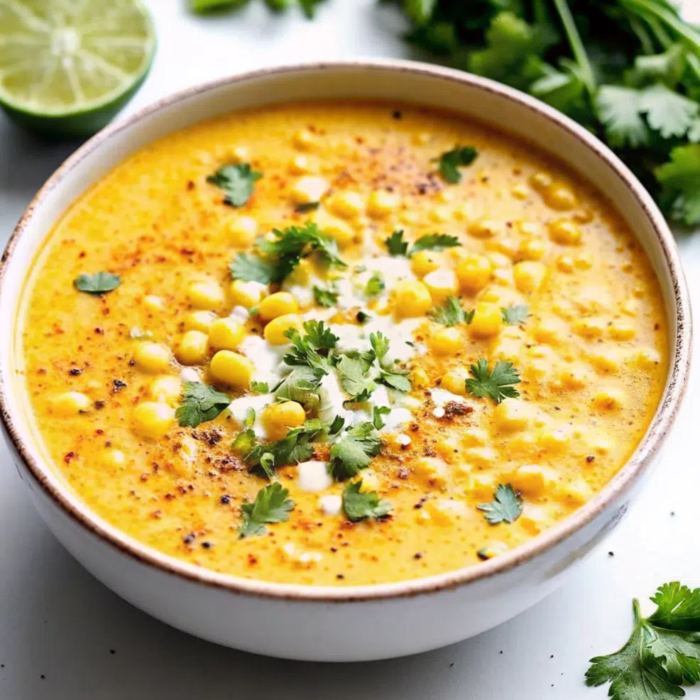 Mexican Street Corn Soup 9 Bowl of creamy Mexican street corn soup garnished with charred corn kernels, Cotija cheese, and fresh cilantro
