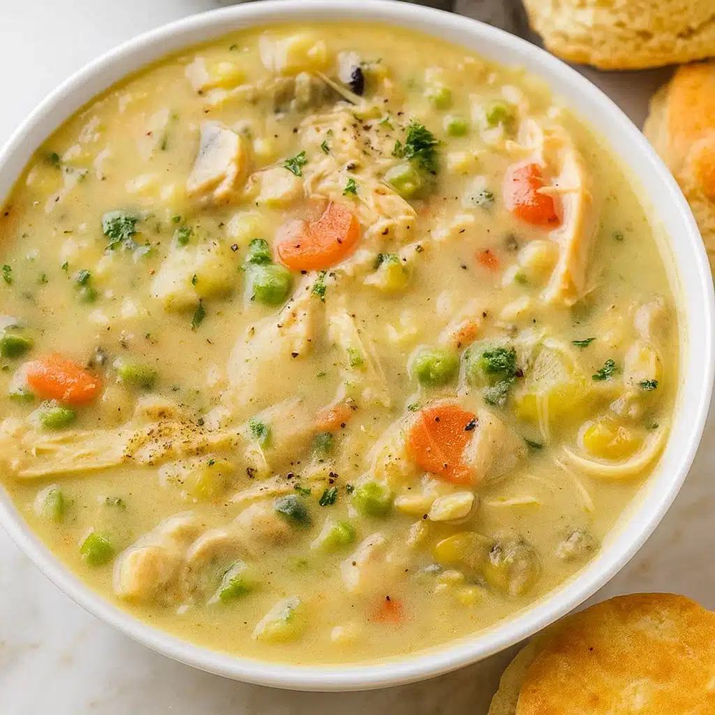 Chicken Pot Pie Soup 9 Creamy chicken pot pie soup in a white bowl topped with fresh parsley, served alongside golden brown cheesy crust dippers with melted cheddar cheese