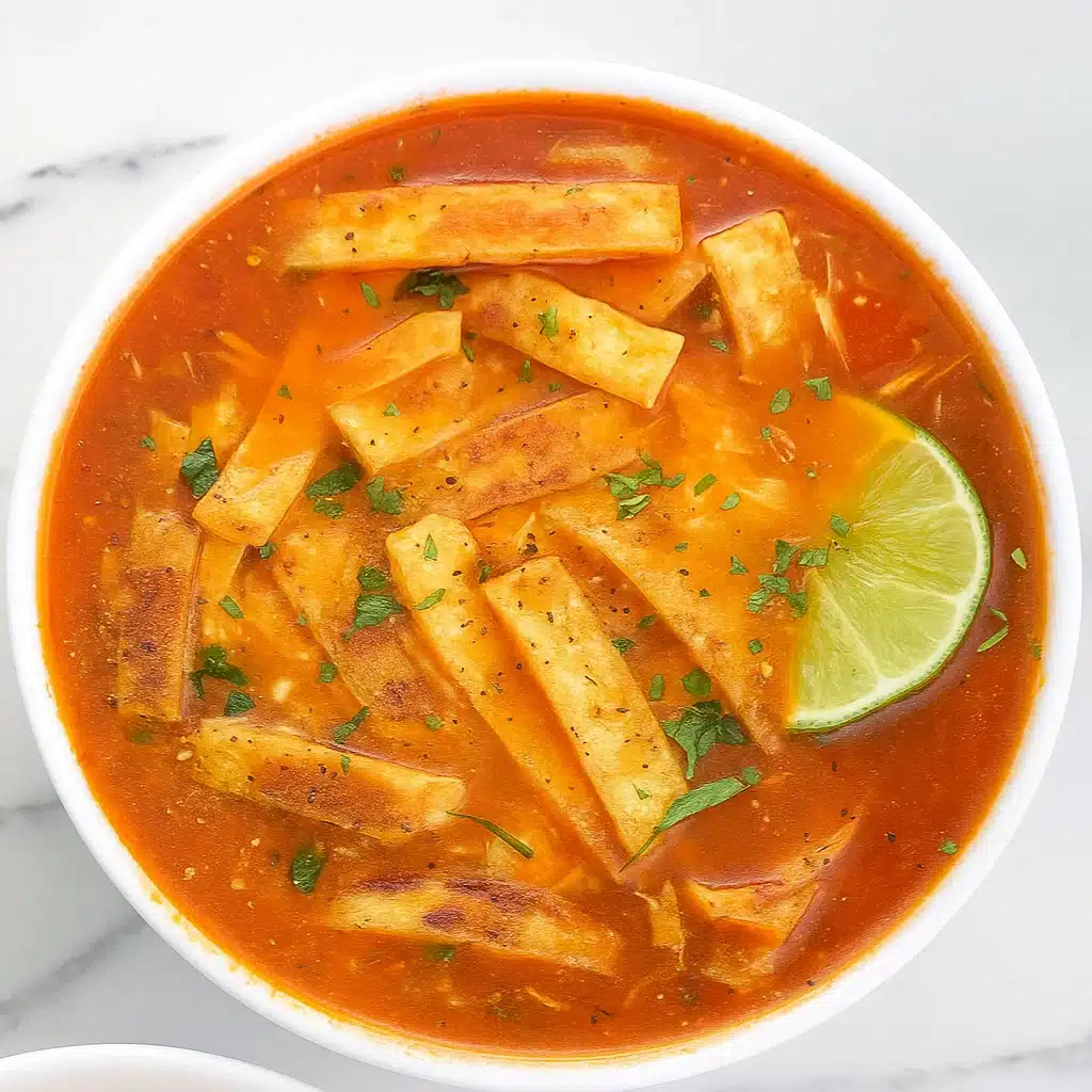 Chicken Tortilla Soup 9 A steaming bowl of chicken tortilla soup topped with diced avocado, sour cream, shredded cheese, and cilantro, with tortilla strips visible in the rich, reddish-brown broth.