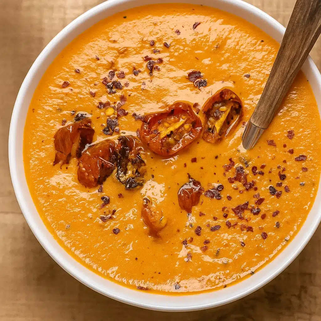Roasted Garlic Tomato Soup 9 Bowl of roasted garlic tomato soup with herbs and olive oil, served with bread