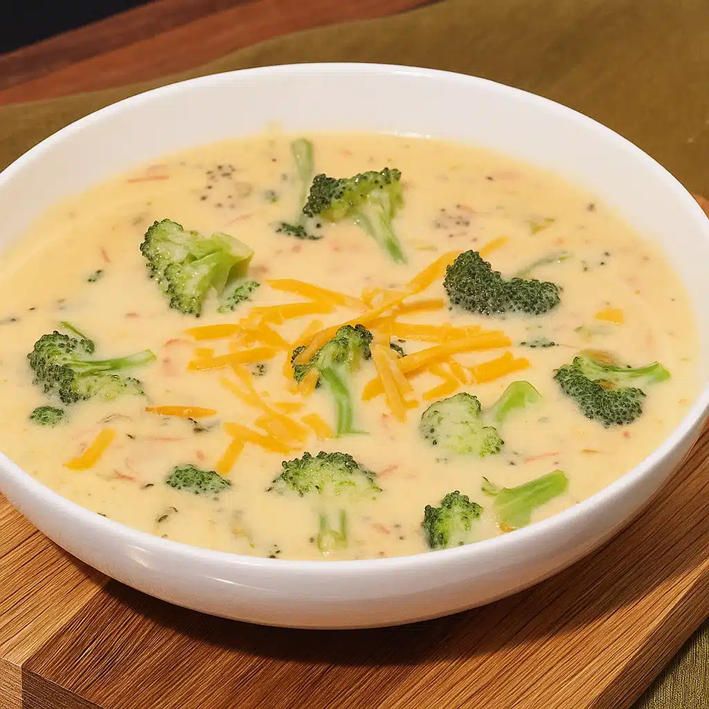 Panera Broccoli Cheddar Soup 9 A creamy bowl of homemade Panera broccoli cheddar soup with visible broccoli florets, carrots, and melted cheese, served in a white bowl with crusty bread on the side.