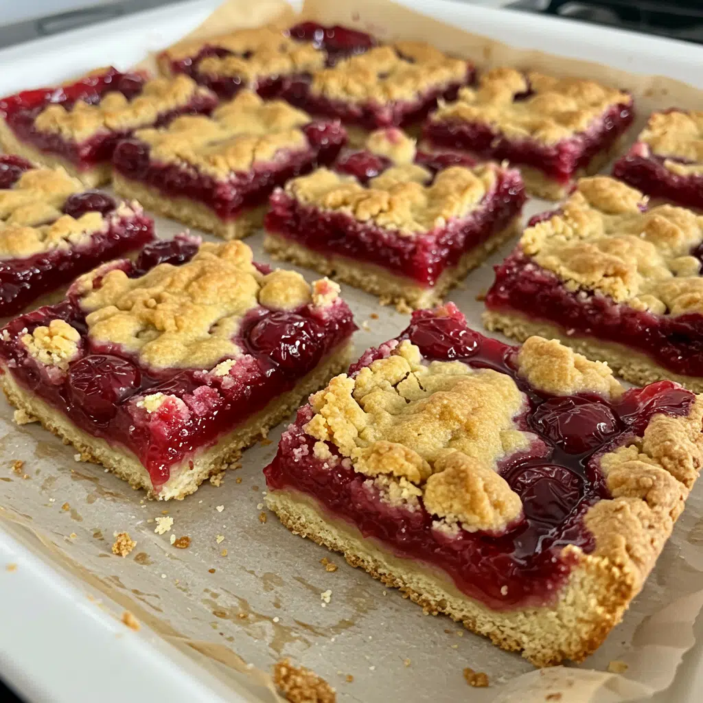 Cherry Pie Bars 9 Golden-brown cherry pie bars with crumble topping on parchment paper, showing layers of oat crust, bright red cherry filling, and streusel top