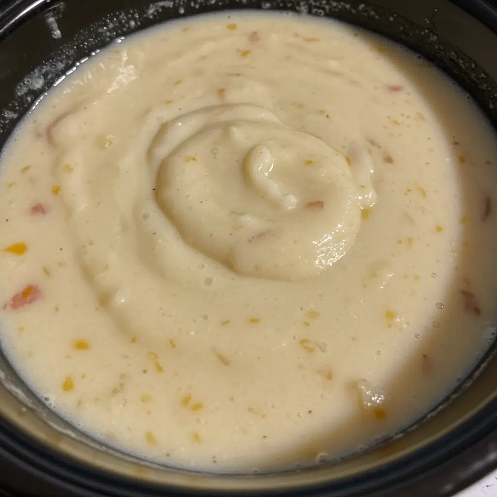 Crockpot Potato Soup 9 Creamy crockpot potato soup in a white bowl topped with shredded cheese, bacon bits, and chives, with a slice of crusty bread on the side