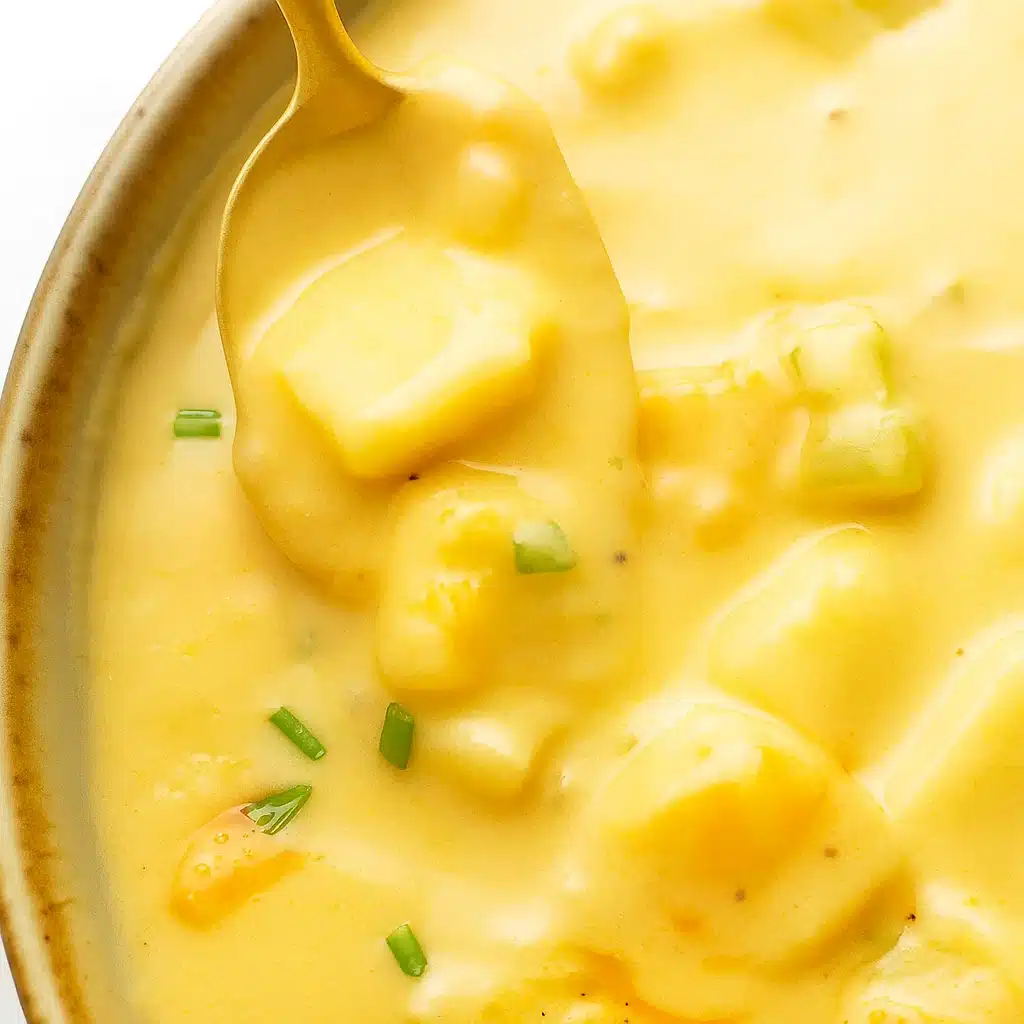 A bowl of creamy cheesy potato soup garnished with fresh chives and extra cheddar cheese, served with crusty bread on a rustic wooden table