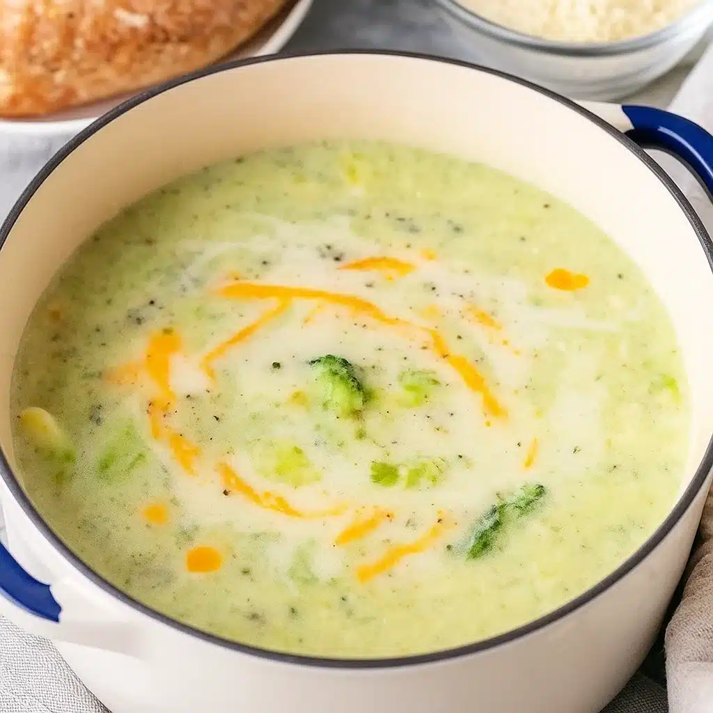 Broccoli Potato Soup 9 A steaming bowl of creamy broccoli potato soup topped with melted cheddar cheese and crispy bacon bits, served with crusty bread on a rustic wooden table.