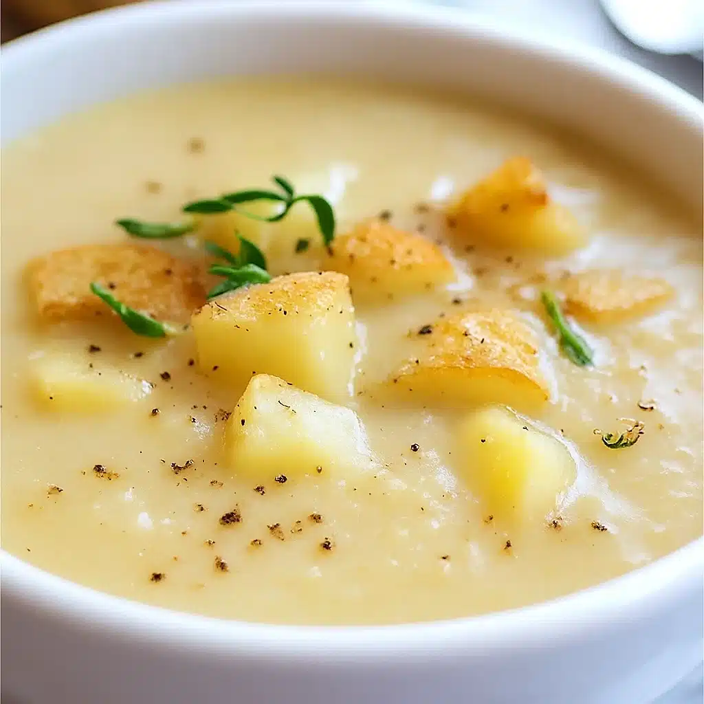 Roasted Garlic Potato Soup 9 Creamy roasted garlic potato soup in white bowl with fresh chives and crusty bread on wooden table.
