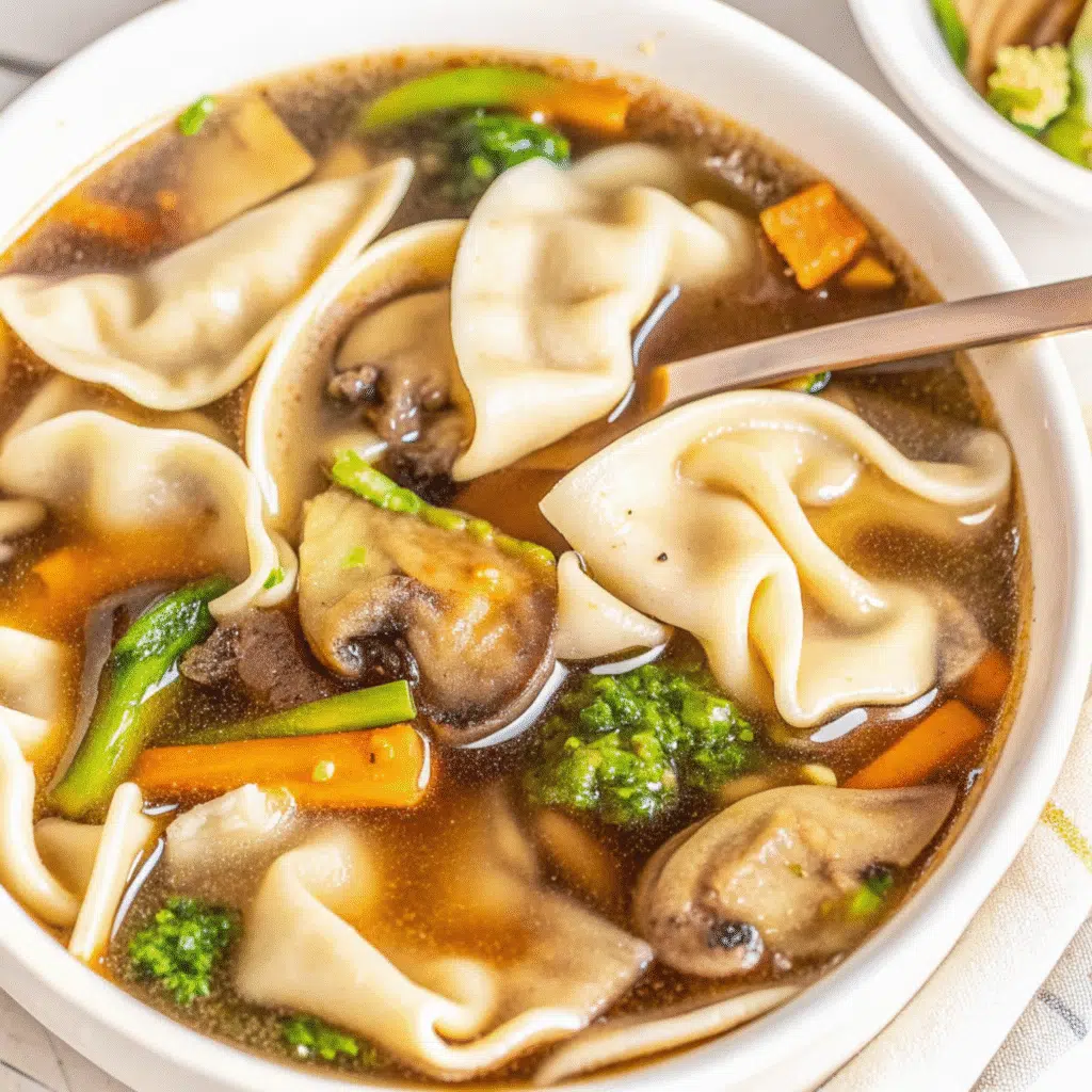 Easy Potsticker Soup 12 A steaming bowl of potsticker soup with golden dumplings, fresh bok choy, sliced scallions, and mushrooms in a clear aromatic broth, garnished with chili crisp and sesame seeds