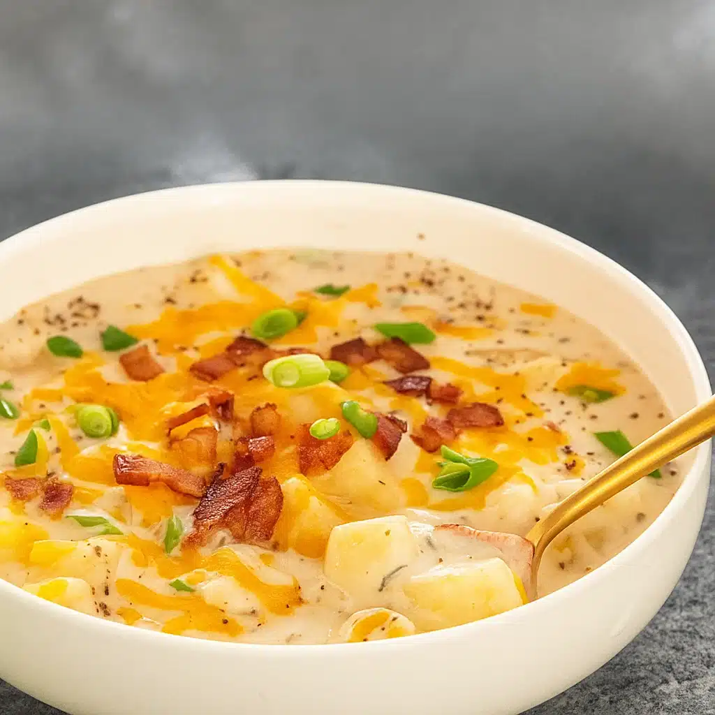 Loaded Potato Soup 9 Creamy loaded potato soup topped with melted cheddar cheese, crispy bacon bits, and fresh green onions in a white ceramic bowl