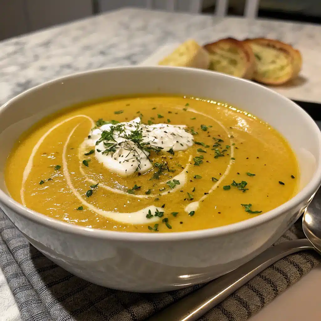 Creamy Acorn Squash Soup 9 Golden orange acorn squash soup in a white bowl topped with pumpkin seeds, fresh thyme, and a swirl of coconut cream