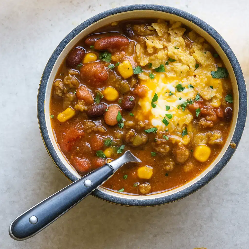 Easy Taco Soup with Ranch 6 A steaming bowl of hearty taco soup with ranch, topped with shredded cheese, sour cream, a