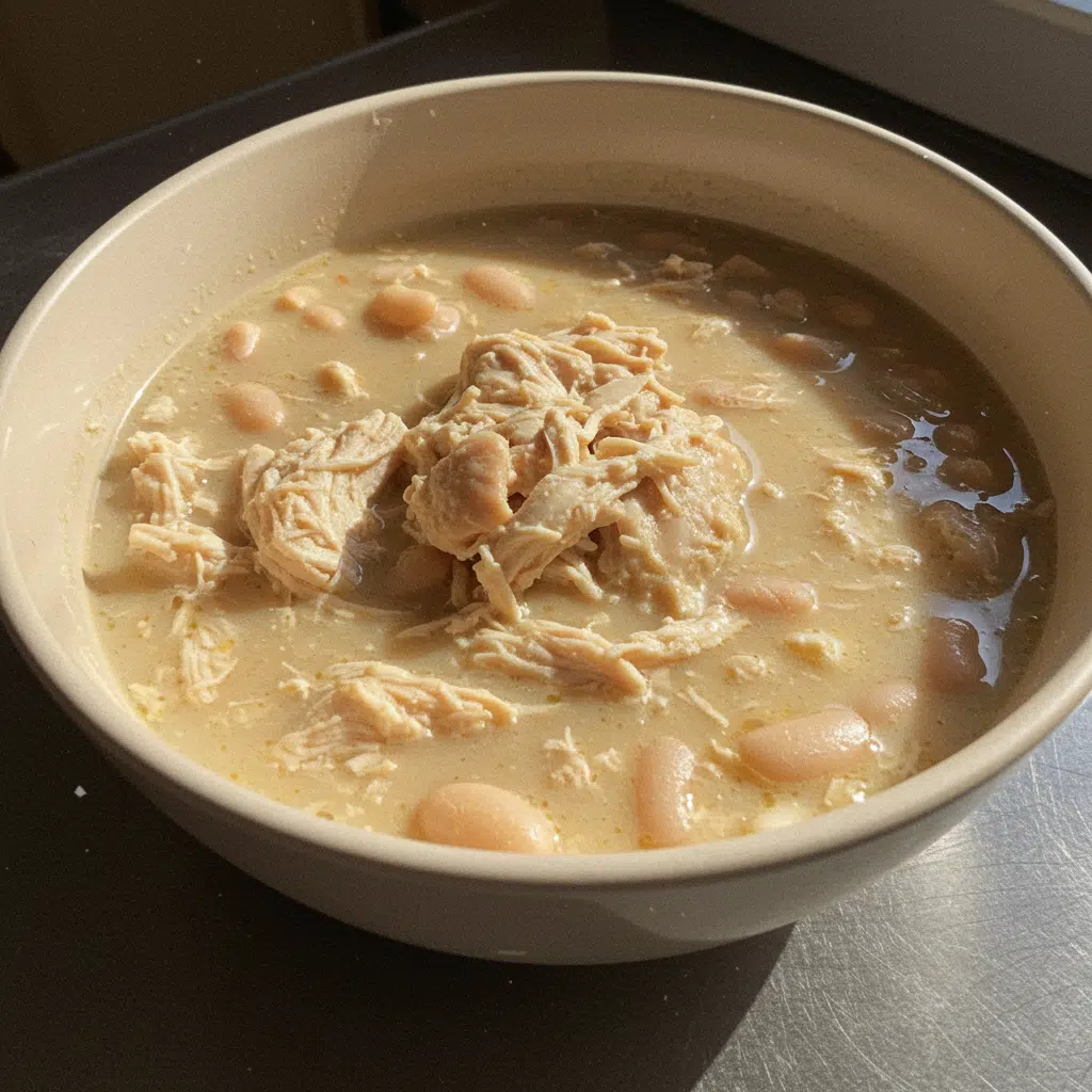 White Chicken Chili 6 Bowl of white chicken chili with avocado, cheese, cilantro, tortilla chips