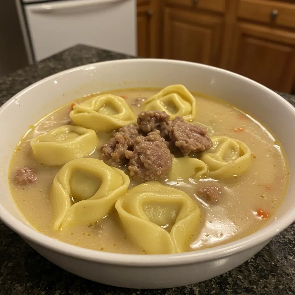Italian Sausage Tortellini Soup 7 A steaming bowl of creamy Italian sausage tortellini soup with visible cheese tortellini, spinach leaves, and herbs, served in a rustic white bowl with crusty bread on the side