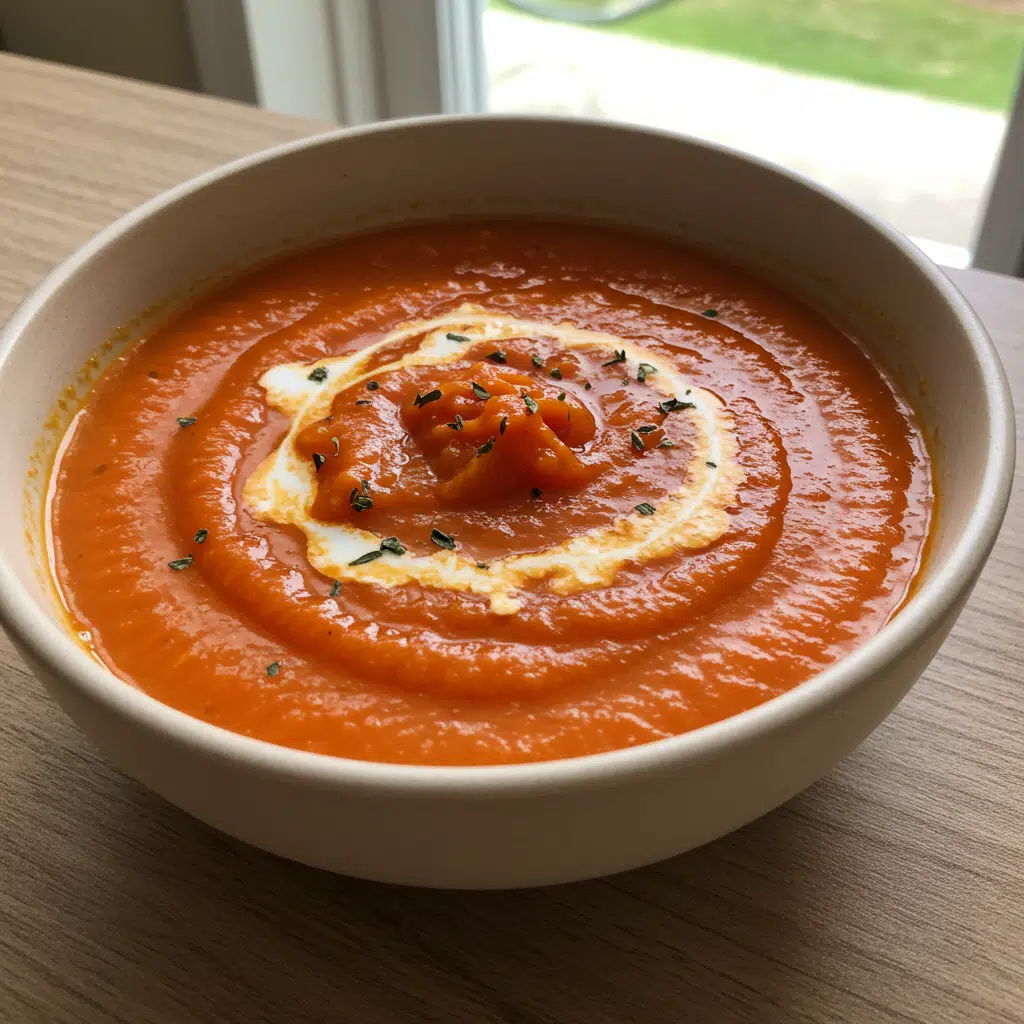 Roasted Tomato Soup 8 Bowl of bright orange roasted tomato soup with fresh basil and olive oil drizzle, served with grilled cheese croutons