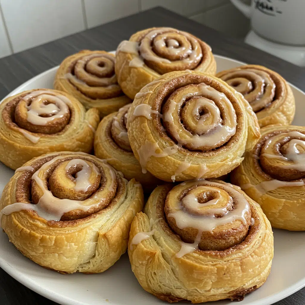 Golden, flaky puff pastry cinnamon rolls arranged on a white plate, drizzled with vanilla glaze and topped with chopped toasted pecans, photographed from above on a marble countertop.