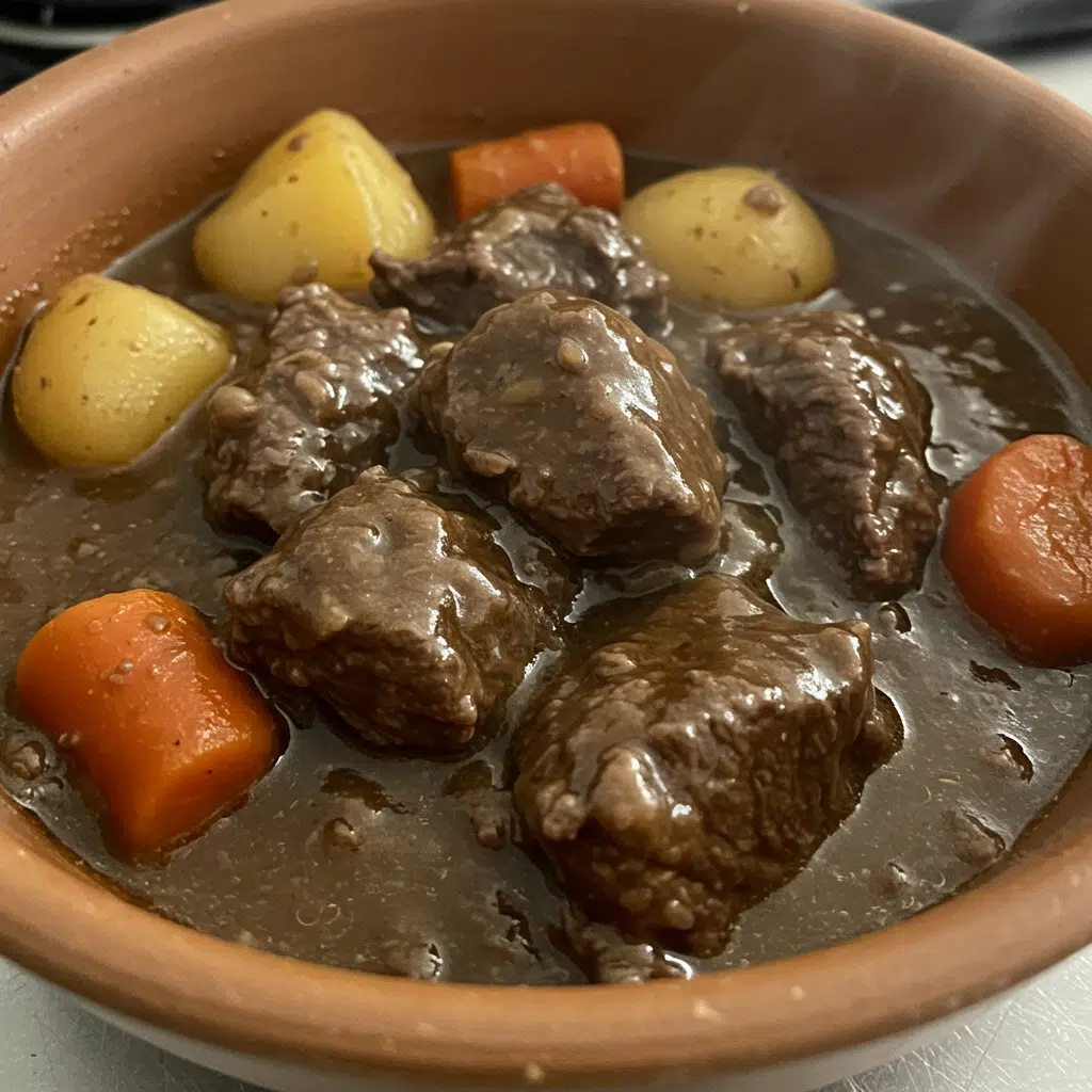 Old Fashioned Beef Stew 6 A steaming bowl of rich beef stew with tender chunks of beef, colorful vegetables, and thick savory broth, garnished with fresh parsley