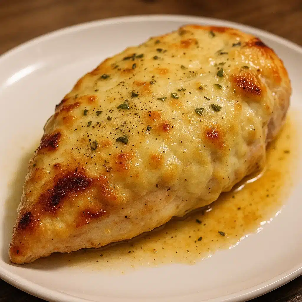 Melt In Your Mouth Chicken Breasts 6 Golden-brown baked Melt In Your Mouth Chicken Breast with crispy parmesan coating on a white serving platter, garnished with fresh parsley
