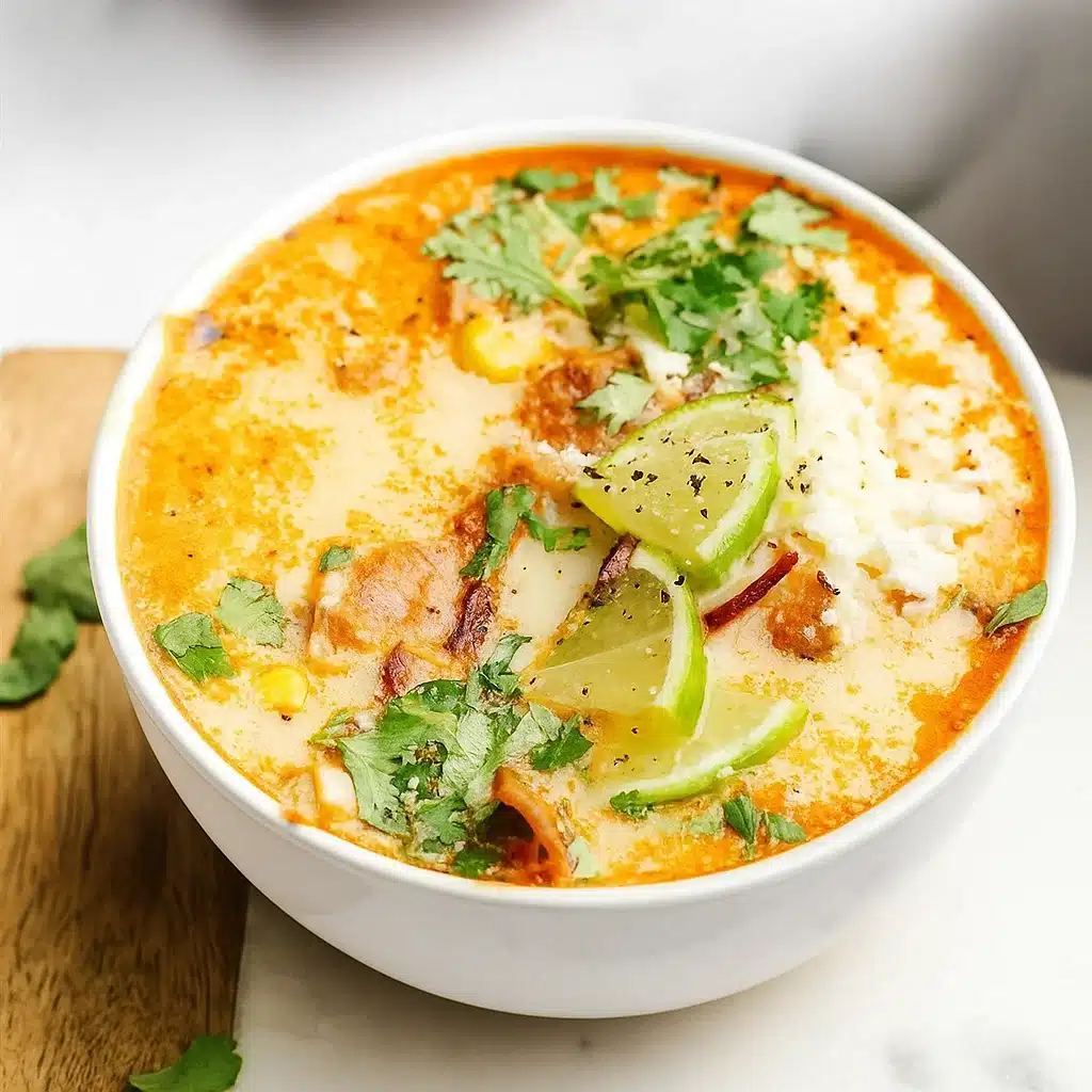 Slow Cooker Mexican Street Corn Soup 6 A bowl of creamy Mexican street corn soup topped with crispy bacon, cotija cheese, cilantro and lime wedges, photographed from above on a rustic wooden table