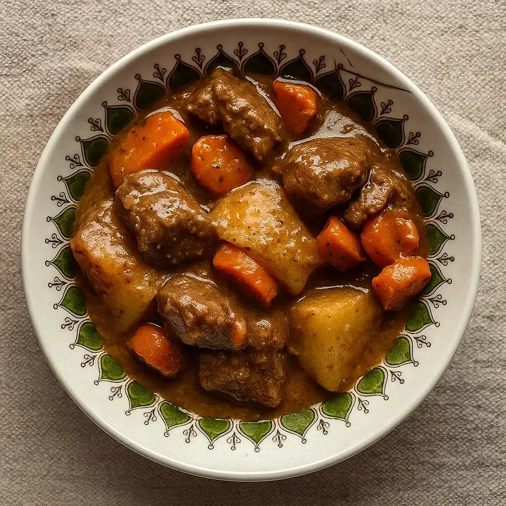 Dutch Oven Beef Stew 6 Steaming bowl of Dutch oven beef stew with tender chunks of beef, carrots, potatoes in rich brown broth, garnished with fresh parsle