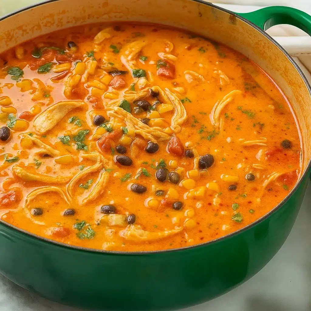 A bowl of creamy chicken enchilada soup topped with shredded cheese, sour cream, and fresh cilantro, served with tortilla chips on a rustic wooden table.