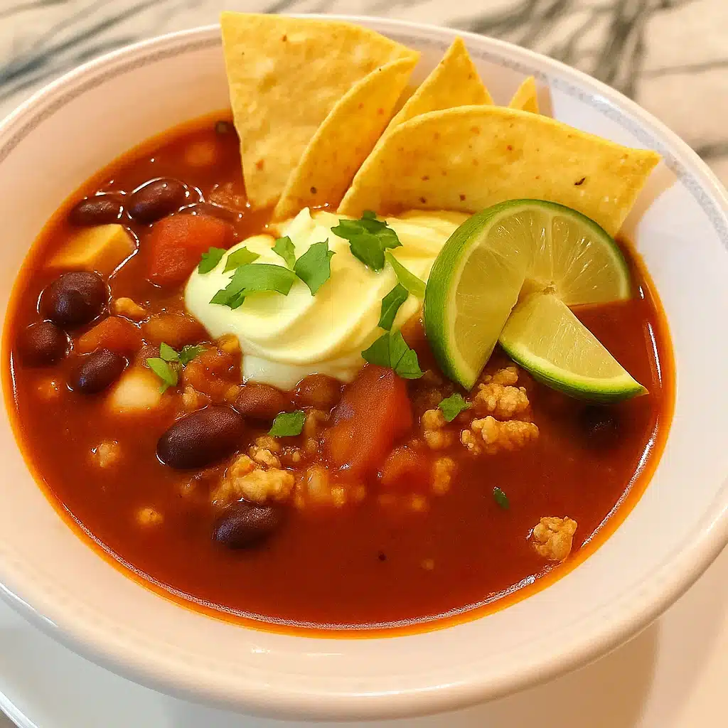 5 Ingredient Taco Soup 6 Bowl of homemade 5 ingredient taco soup with melted cheese, dollop of Greek yogurt, and crushed tortilla chips on top
