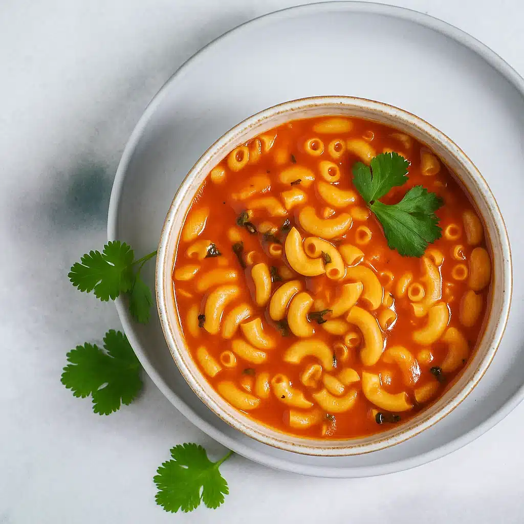 Bowl of Mexican sopita with golden pasta in tomato broth, garnished with cilantro and lime