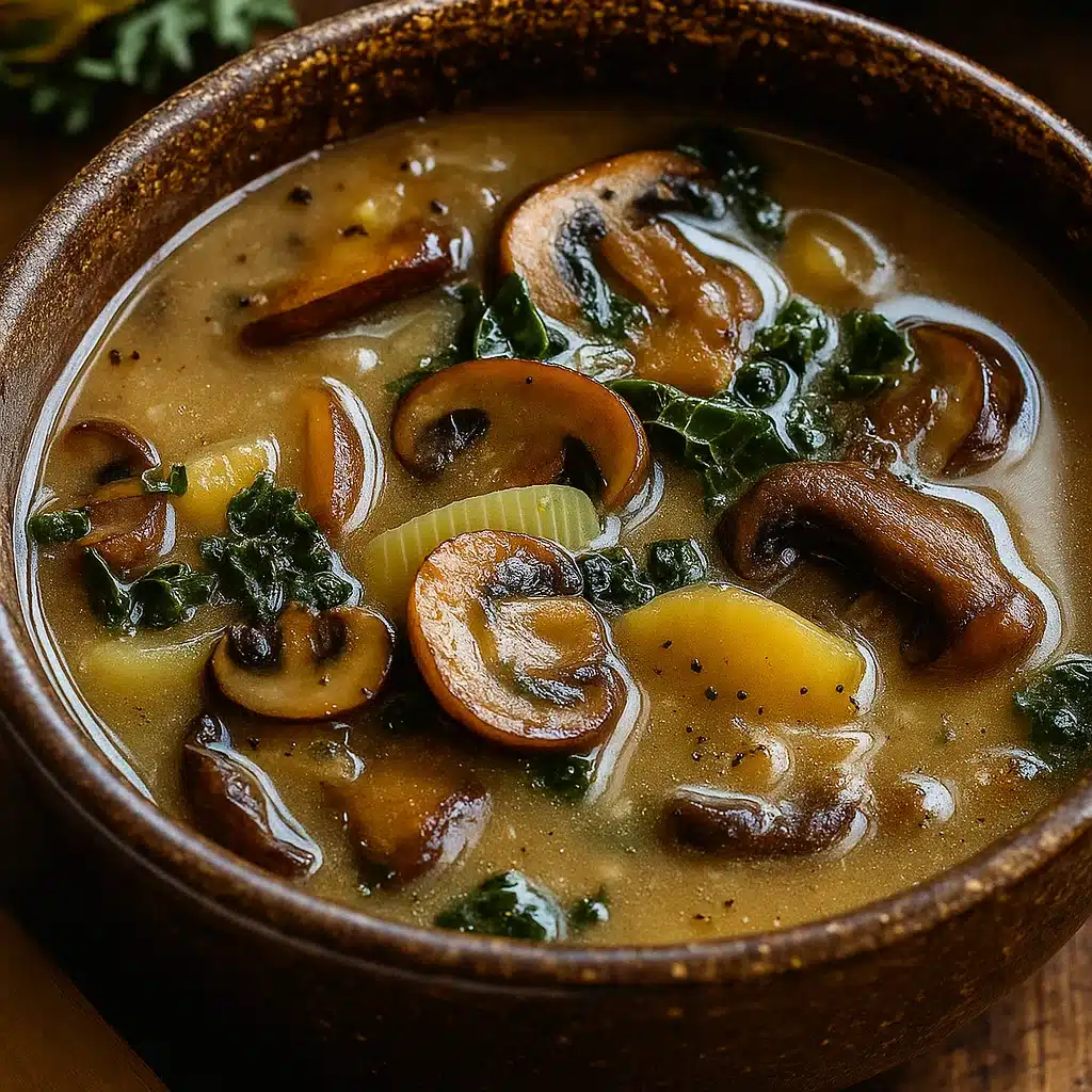 Wild Mushroom, Caramelized Onion and Kale Soup 6 Cozy up with this soul-warming Wild Mushroom, Caramelized Onion and Kale Soup – dairy-free comfort in a bowl!