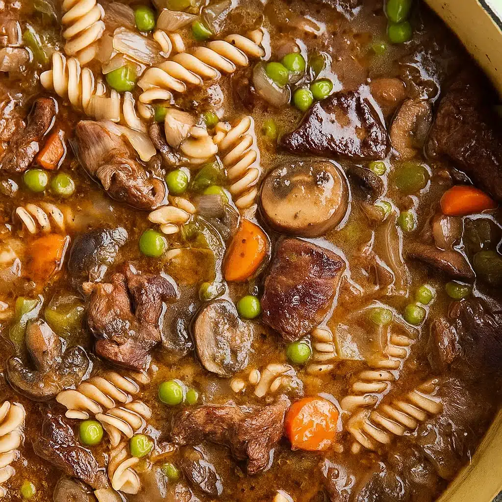 Beef Stew and Noodles 6 A steaming bowl of homemade beef stew and noodles with tender beef chunks, vegetables, and egg noodles in a rich brown broth, garnished with fresh parsley